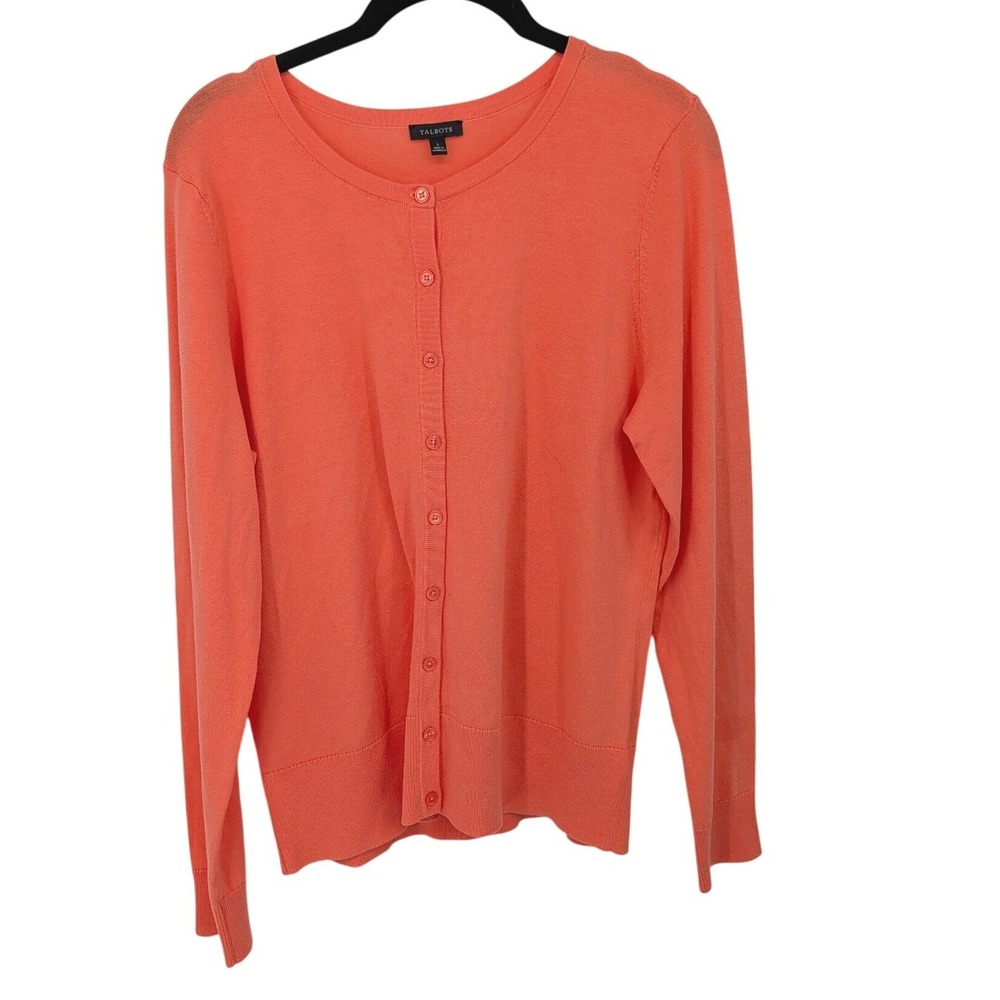 Talbots Cardigan Sweater Womens Large Orange Button Front Crew Neck Knit Preppy